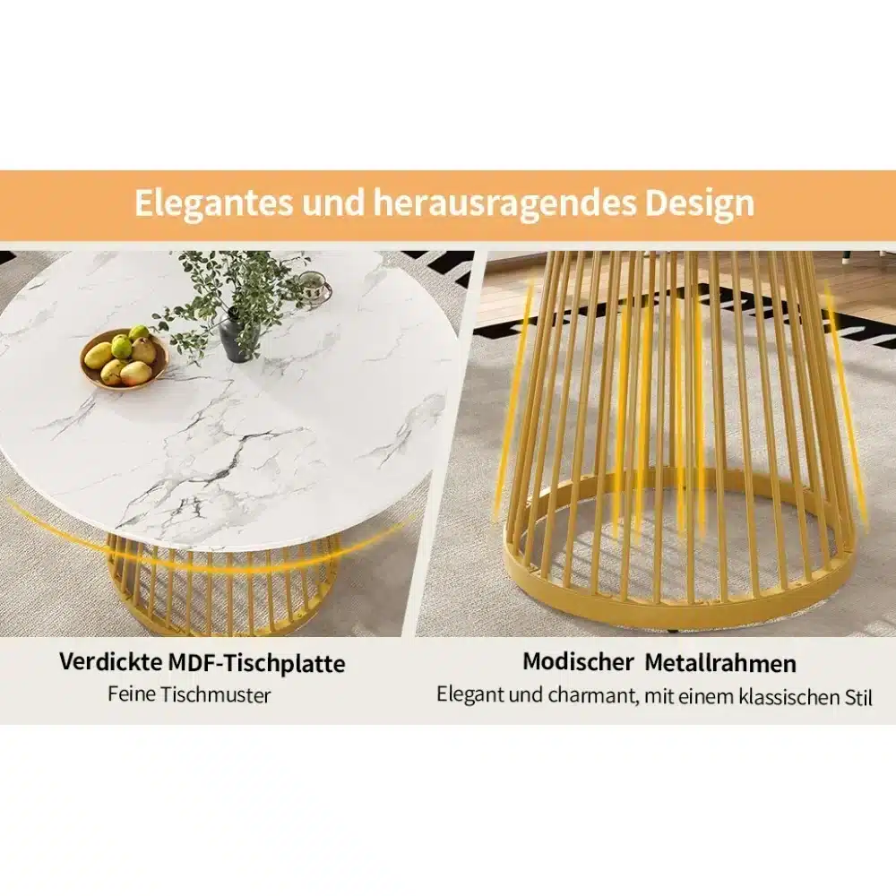 Ümmargune söögilaud marmorist plaadiga, millel on elegantne valge ja halli marmorimustriga pind. Laua jalad on kuldsed ja metallist, viimistletud modernses stiilis. Taustal neutraalne interjöör.