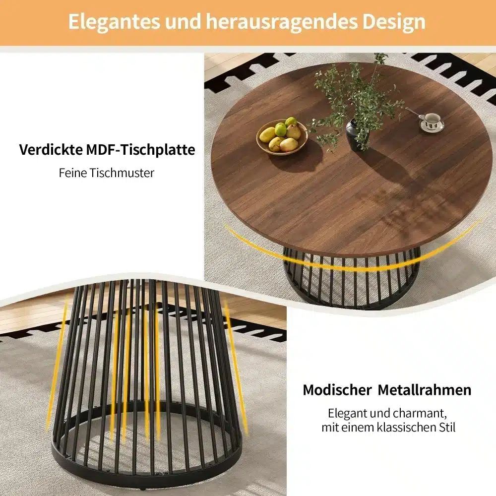 Ümmargune söögilaud, millel on marmorist plaat ja kuldsed metalljalad. Lauaplaadi peal on asetatud puuviljad ja vaas roheliste lehtedega. Laud seisab helel taustal, mis toob esile selle elegantse disaini.