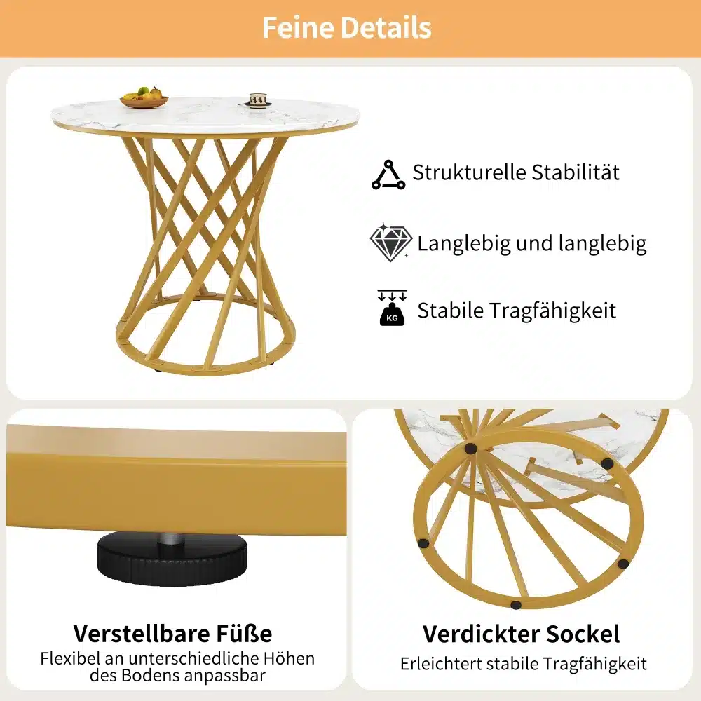 Pildil on ümmargune söögilaud, millel on valge marmorist plaat ja kuldsed ristuva disainiga jalad. Taustal on hele sein, mis rõhutab laua elegantset välimust.