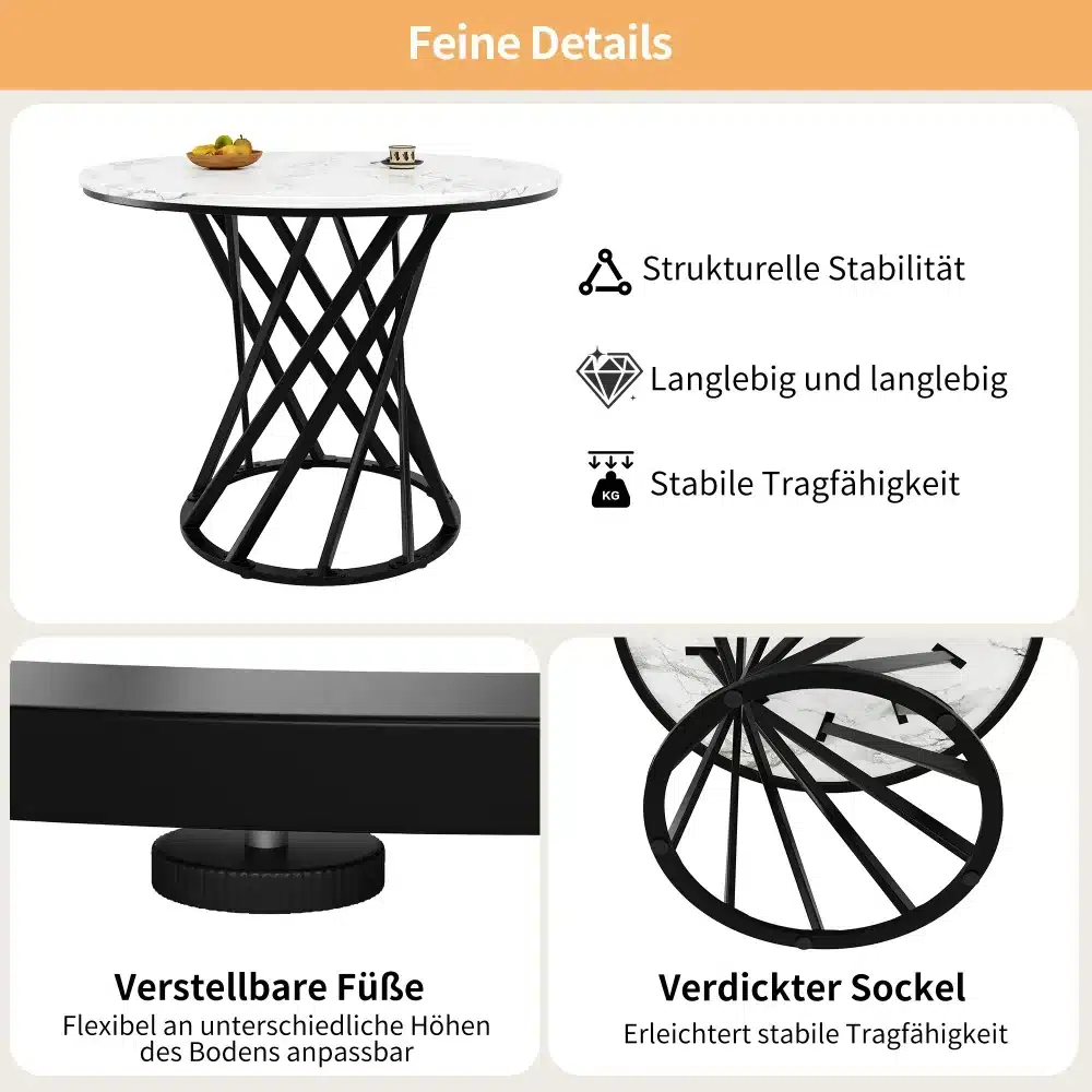 Ümmargune söögilaud marmorist plaadiga ja kuldsete jalgadega, mis paistab detailide esiletoomiseks oranži ja beeži tausta vastu. Laual on elegantne marmorist plaat, mille all on tugevad ja stiilsed kuldsed jalad.