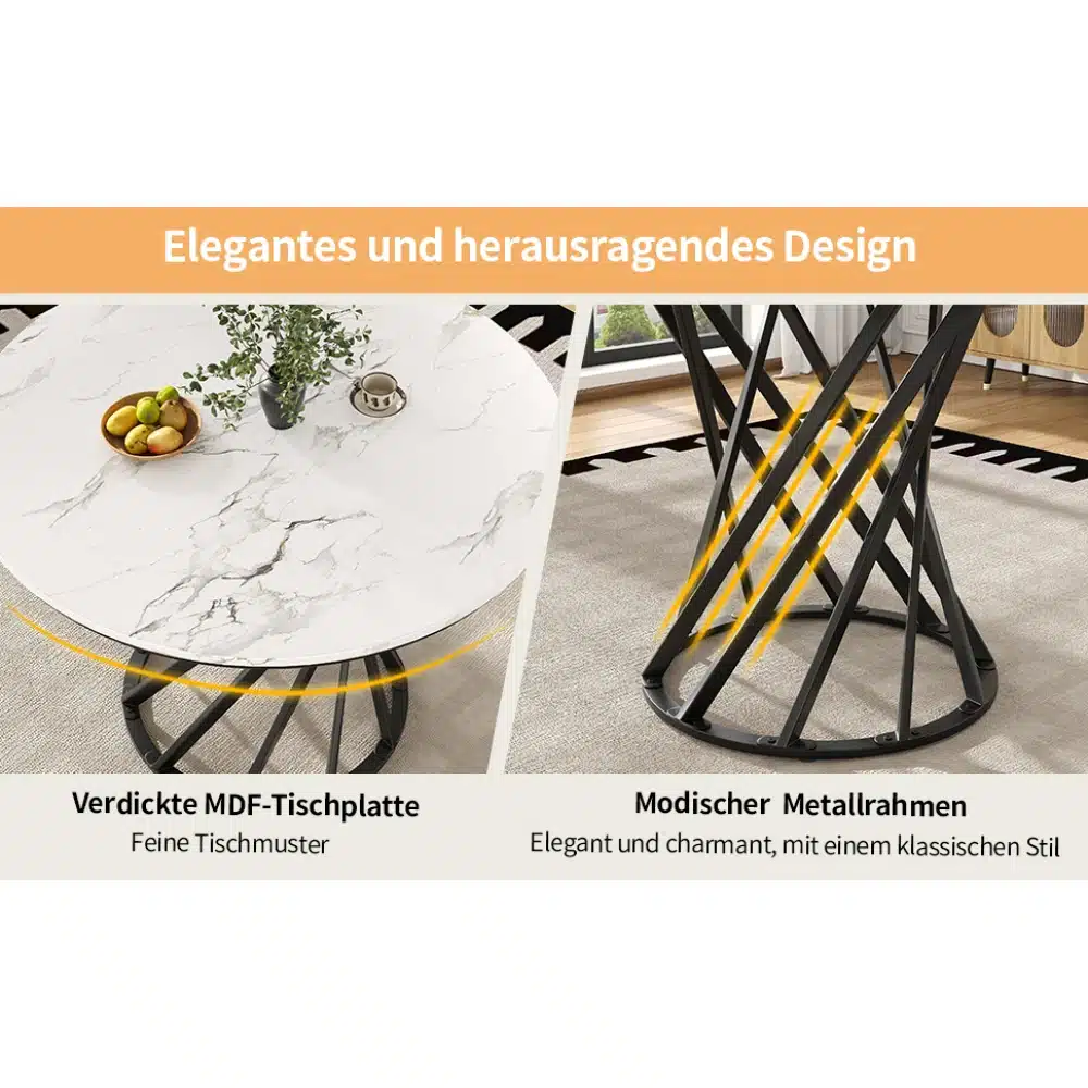 Ümmargune söögilaud marmorist plaadiga ja kuldsete jalgadega kaasaegses interjööris. Lauaplaat on valge marmorimustriga, jalad elegantse musta metallraamiga, paigutatud heledale vaibale.