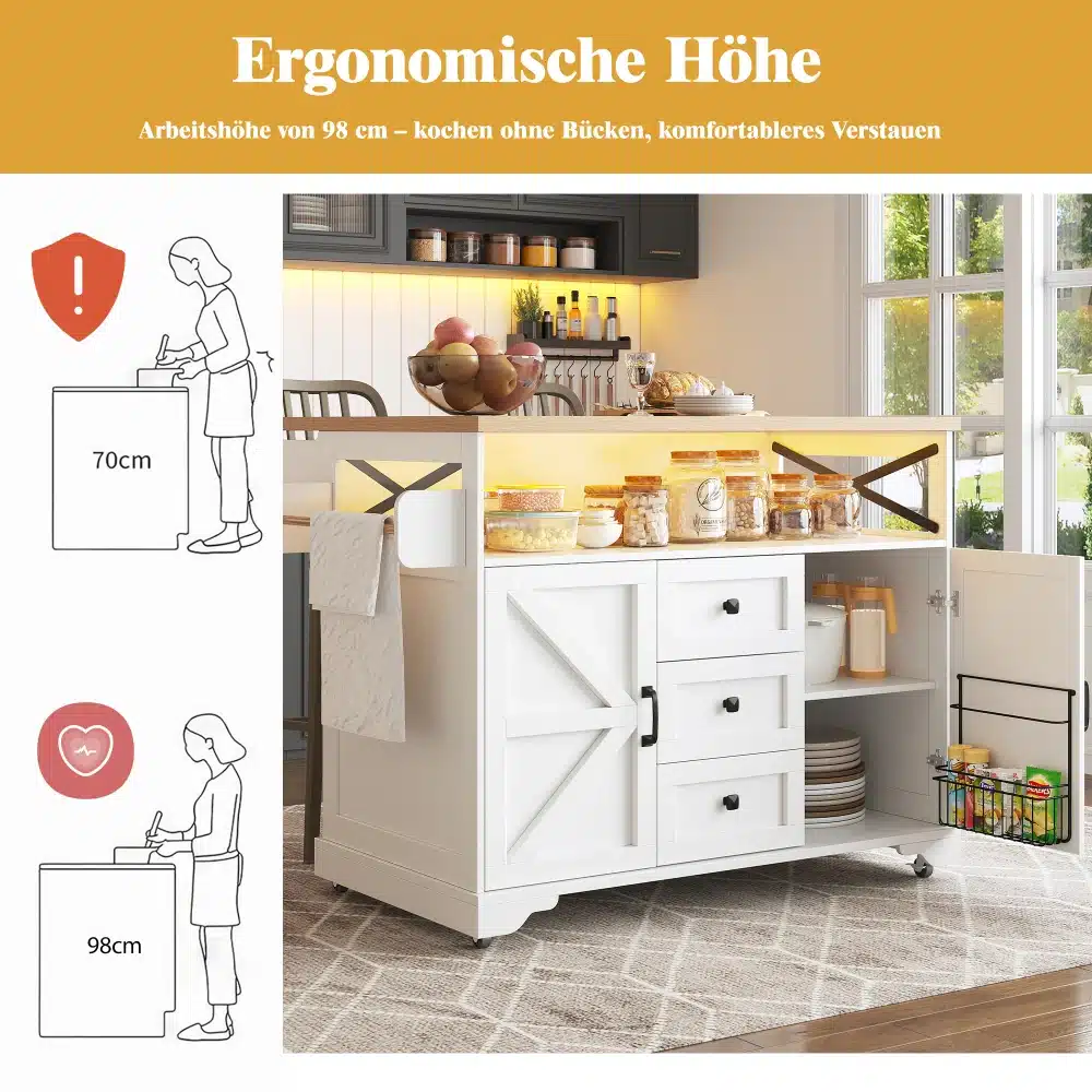 Köögisaar ratastel LED-valgustusega, valge ja puidust detailidega, avatud sahtlite ja riiulitega mugava ladustamise jaoks. Köök taustal ja illustratsioon ergonoomilisest tööpinnast.