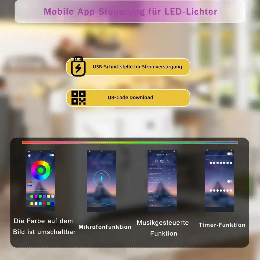 Pilt, mis näitab mobiilirakenduse juhtimisvõimalusi Köögisaar ratastel LED-valgustusega ja kokkupandav laud jaoks. Pildil on värvimuutus, mikrofonifunktsioon, muusikaline juhtimine ja taimerifunktsioon, taustal näha hägus köök.