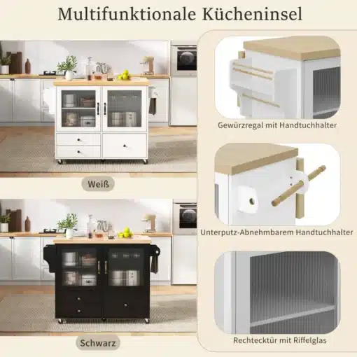 Ratastel köögisaar, laud, kapi, riiulite ja sahtlitega kahes värvitoonis - valge ja must. Kujundusega, mis sisaldab riiuleid, sahtleid ja riiulitega kappe. Pealisplaat puitmaterjalist, külgedel rätikuhoidjad ja pakkumisel kahe erineva värvitooniga, mis sobivad igasse kööki.
