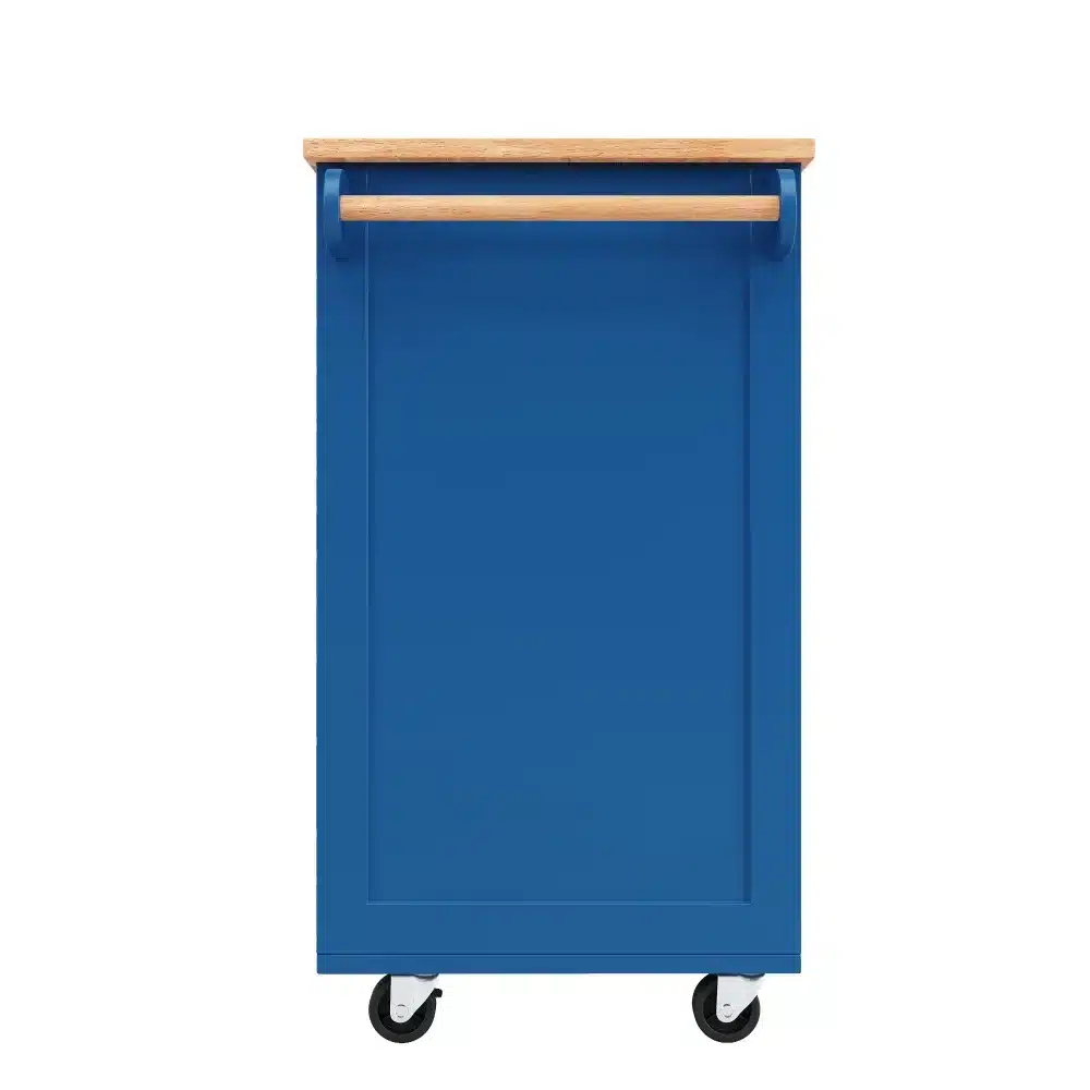 Sinine köögisaar ratastel, puidumustriga laud, minimalistliku disainiga kapid ja sahtlid, mis hõlbustavad liikuvust ja hoiustamist.