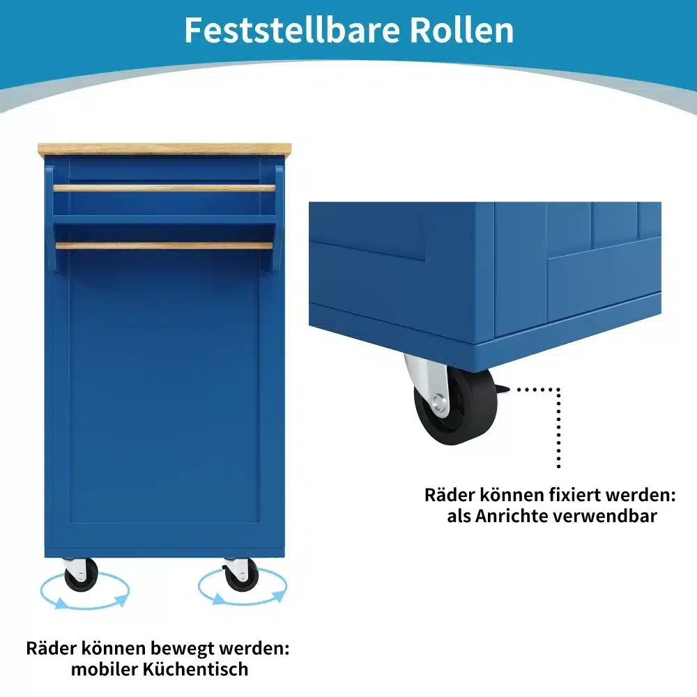 Sinine köögisaar ratastel, koos puidumustriga lauaplaadi, kappide ja sahtlitega. Rattad on lukustatavad, et teha liikumine sujuvaks ja kindlaks.