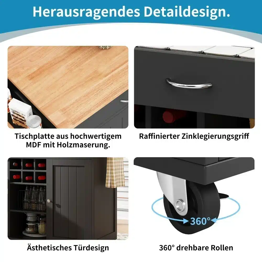 Köögisaar ratastel, puidumustriga MDF-plaadiga, mustad kapid ja sahtlid, metallist käepide ning 360-kraadised pöörlevad rattad.