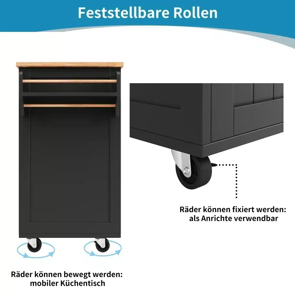 Stiilne must köögisaar ratastel, millel on puidumustriga laud, kapid ja sahtlid. Esiplaanil on nähtavad lukustatavad rattad, mis võimaldavad mööblit hõlpsasti liigutada ja fikseerida.