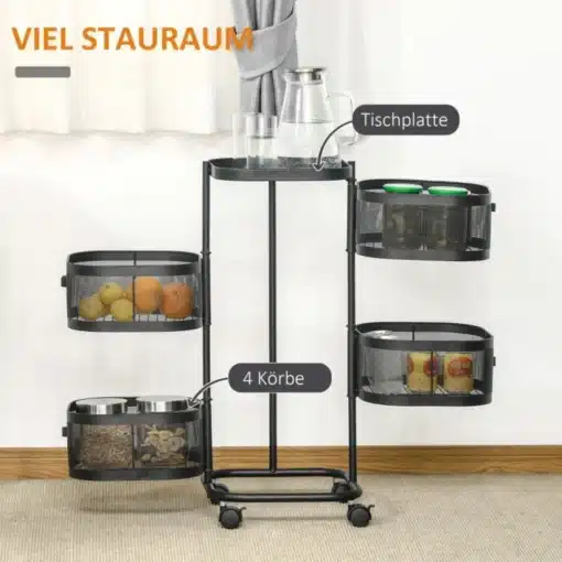 Riiul ratastel must 4-korruseline võrgust korvidega | E-pood Tootemaailm Must 4-korruseline ratastel riiul, millel on võrgust korvid, paigutatud hele taustale koos mitmesuguste köögi- ja toiduainetega korvides.