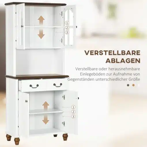 Valge köögikapp klaasuste ja kahe sahtliga | E-pood Tootemaailm Valge köögikapp klaasuste ja kahe sahtliga, tumeda pealispinnaga, avatavad ülemised ja alumised kapid, kohandatavad riiulid, paksud puidust jalad.
