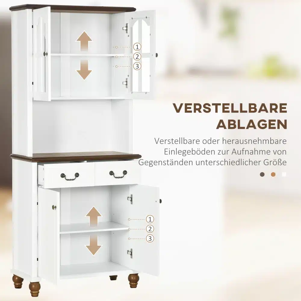 Valge köögikapp klaasuste ja kahe sahtliga, millel on reguleeritavad riiulid ja tumedast puidust detailid. Kapp on avatud ja näitab sisemisi hoiustamisvõimalusi.