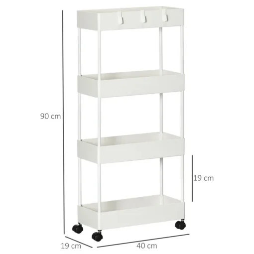 Riiul ratastel 4 tasandiga, lukustatavad rattad, valge | E-pood Tootemaailm Valge nelja tasandiga riiul ratastel, millel on lukustatavad rattad ja mõõtmed 90x40x19 cm. Riiul on minimalistliku disainiga, sobib mahutamiseks ning sellel on tugev ja vastupidav metallraam.