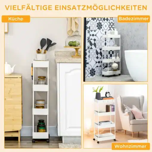 Riiul ratastel 4 tasandiga, lukustatavad rattad, valge | E-pood Tootemaailm Riiul ratastel 4 tasandiga, valge, sobitub köögi, vannitoa või elutoa interjööriga, lukustatavad rattad, mis kindlustavad stabiilsuse ja hoiavad korraldust. Metallist raam ja lihtne disain sobivad igasse ruumi.