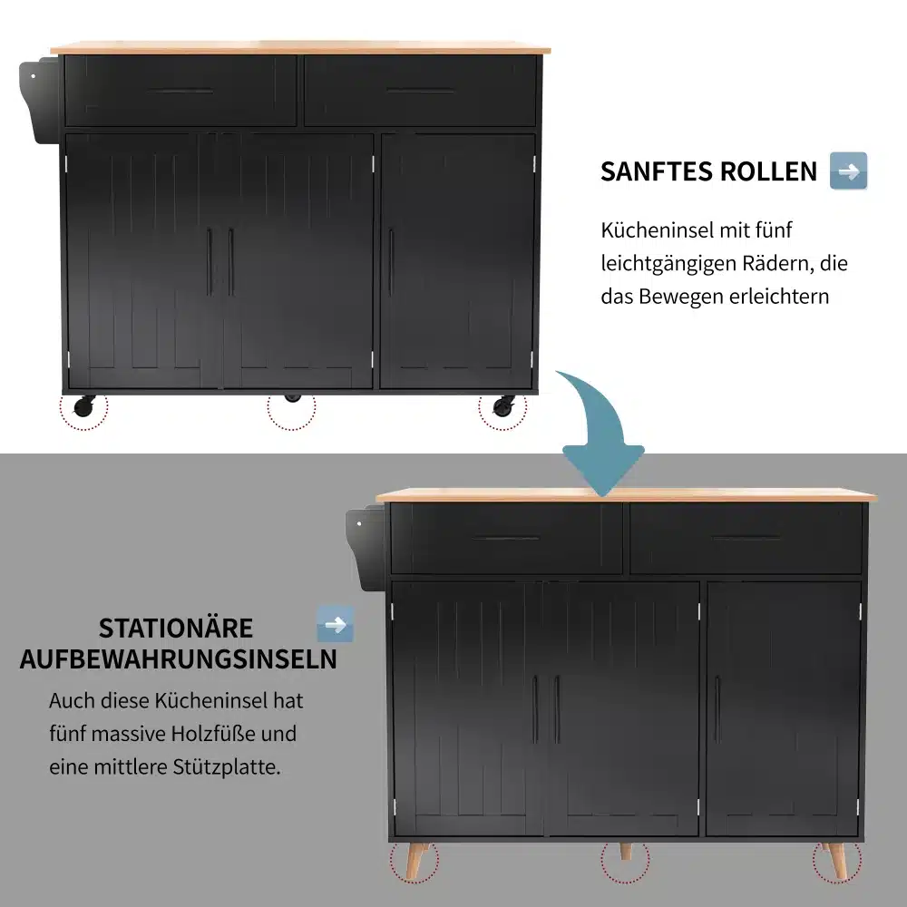 Köögisaar, täispuidust kokkupandav tööpind musta kapiosa ja kerge rullikuga ratastega, mis võimaldavad lihtsat liikumist köögis.