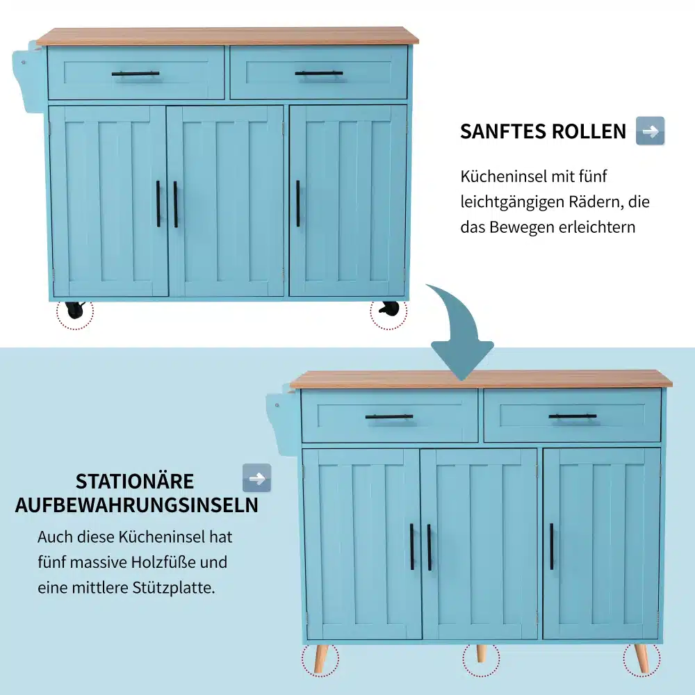 Köögisaar, täispuidust kokkupandav tööpind helesinise korpuse ja puidust pealisplaadiga, millel on rattad ja metallist käepidemed.