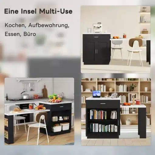 Köögikomplekt, puidust tööpinnaga,kapi ja 3 sahtliga | E-pood Tootemaailm Kolm erinevat vaadet köögikomplektist, millel on puidust tööpind, kapp ja kolm sahtlit. Must seinakapp koos avatud riiulite ja valge tööpinnaga, asetatud kaasaegsesse köökidesse ja eluruumidesse. Puidust põrand ja neutraalne taust täiendavad mööbliesemeid.