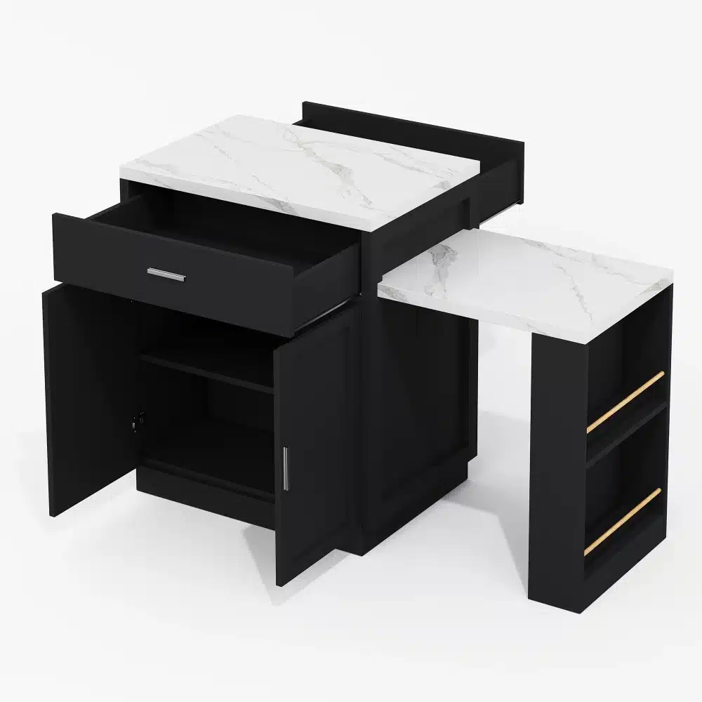 Stiilne köögikomplekt, kus mustad kapid ja sahtlid on kombineeritud elegantse puidust tööpinnaga kapi ja kolme sahtliga. Komplekti eristuvad valged marmorimustrilised pinnad lisavad luksuslikkust.