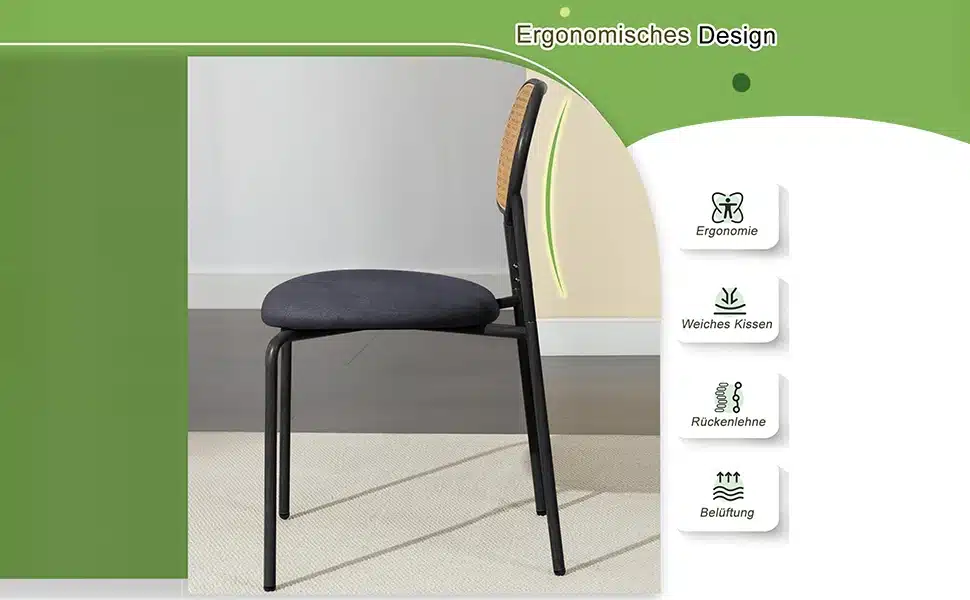 Polsterdatud söögitoa toolid rotangseljatugedega, must metallraam, ergonoomiline disain heledal taustal.
