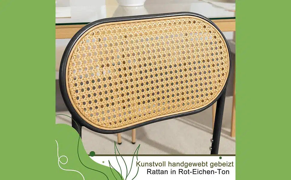 Polsterdatud söögitoa toolid rotangseljatugedega, mis on paigutatud modernsesse eluruumi. Pildil on näha rotangpunutisega seljatugi ja tooli uhkuslik disain, millele lisavad elegantsi mustad raamid.