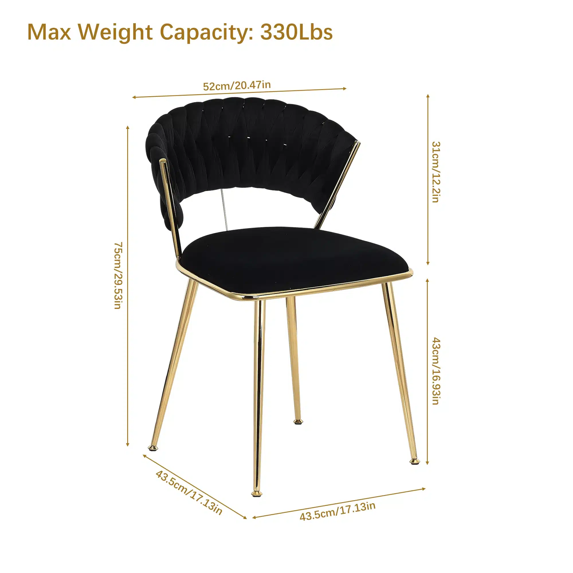 Söögitoolid sametist ja kuldsete jalgadega, 2 tk, musta värvi polsterdatud iste ja seljatugi, mõõtudega 52 cm laius ja 75 cm kõrgus, mis sobib ideaalselt elegantse köögisisustuse täiendamiseks.