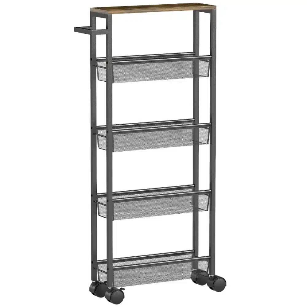 Must kitsas köögikäru ratastel, millel on viis astet hoiustamiseks, metallist raam ja puidust ülaosa. Elegantne disain sobib hästi kaasaegsesse kööki.