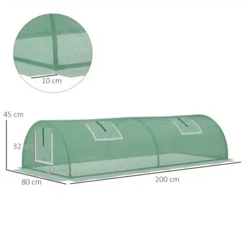 Kasvuhoone UV-kaitsega, võrkakendega, roheline 200x80x45 | E-pood Tootemaailm Roheline kasvuhoone mõõtudega 200x80x45 cm, UV-kaitsega ja võrkakendega. Kasvuhoone on valmistatud vastupidavast materjalist, millel on turvaline kaarjas struktuur ning läbipaistvad akende vaheosad. Taustal on neutraalne valge ala, rõhutades kasvuhoone elegantset disaini.