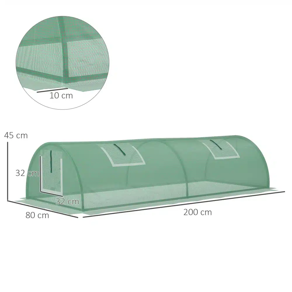 Roheline kasvuhoone mõõtmetega 200x80x45, valmistatud UV-kaitsega materjalist ja võrkakendega, mis tagavad optimaalse ventilatsiooni.