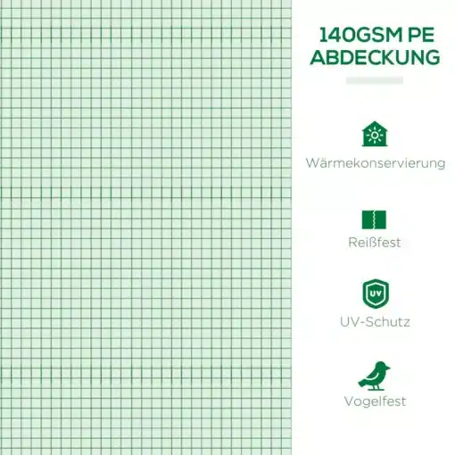 Kasvuhoone UV-kaitsega, võrkakendega, roheline 200x80x45 | E-pood Tootemaailm Diagramm, mis näitab 140GSM polüetüleenkatte rohelist võrkmustrit koos spetsifikatsioonidega nagu soojuse säilitamine, rebenemiskindlus, UV-kaitse ja linnukindlus. Sobib Kasvuhoone UV-kaitsega, võrkakendega, roheline 200x80x45.