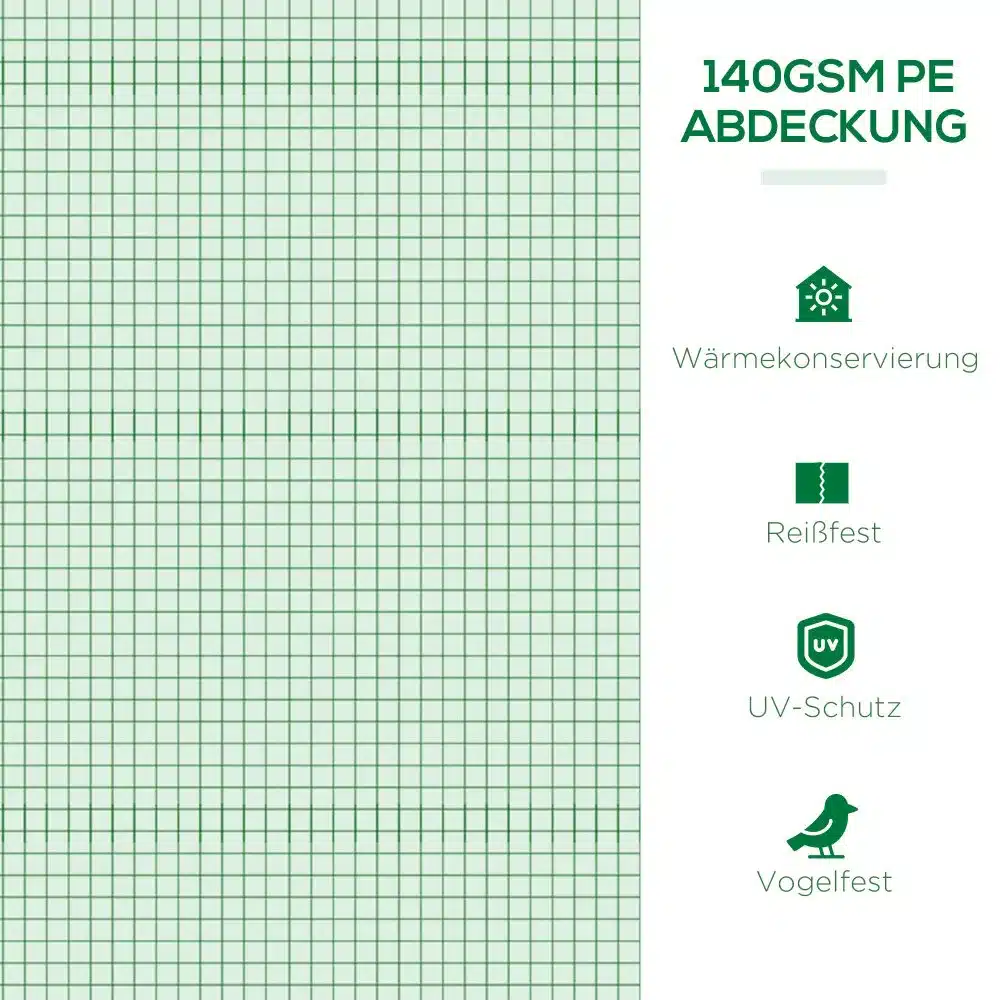 Roheline võrgustikdisainiga katteloor, 140GSM, koos vastupidavuse ja UV-kaitse näitajatega.