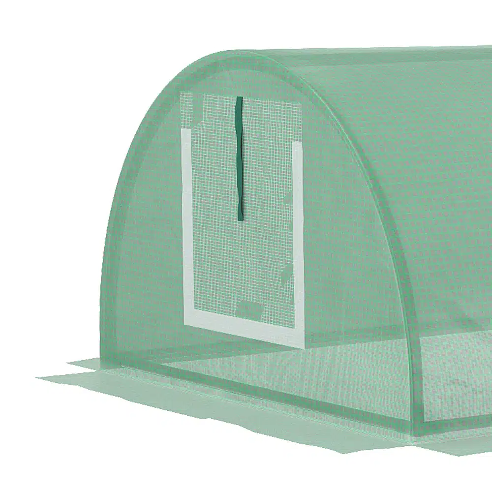 Roheline kasvuhoone UV-kaitsega ja võrkakendega, suurusega 200x80x45, asub neutraalsel taustal.