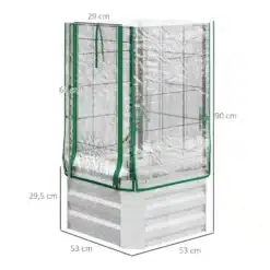 Kastpeenar taimekasvatuseks koos läbipaistva plastikust katte ja metallist trellisega aiataustal. Kastil on mõõdud 53 cm x 53 cm x 90 cm, rohelise äärega kate hoiab taimi kaitstuna ja pakub optimaalset kasvuruumi.
