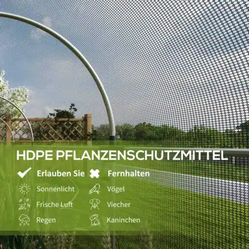 Putukavõrk aiataimedele uksega, HDPE, 1.2x3.6 m | E-pood Tootemaailm Putukavõrk aiataimedele uksega HDPE materjalist, 1.2x3.6 m, paigaldatud aiataimede katmiseks, mille taustal on näha rohelised taimed ja sinine taevas.