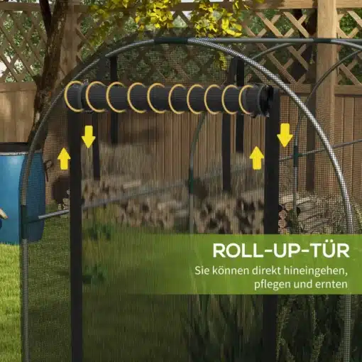 Putukavõrk aiataimedele uksega, HDPE, 1.2x3.6 m | E-pood Tootemaailm Putukavõrk aiataimedele uksega, valmistatud vastupidavast HDPE materjalist, suurusega 1.2x3.6 m, paigaldatud rohelisele aiale koos rulliukse mehhanismiga puude ja põõsaste taustal.
