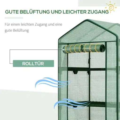 Kasvuhoone PE kattega, rullukse ja terasraamiga, roheline | E-pood Tootemaailm Kasvuhoone PE kattega, rohelise terasraamiga ja rulluksega kerge ventilatsioon ja lihtne juurdepääs.