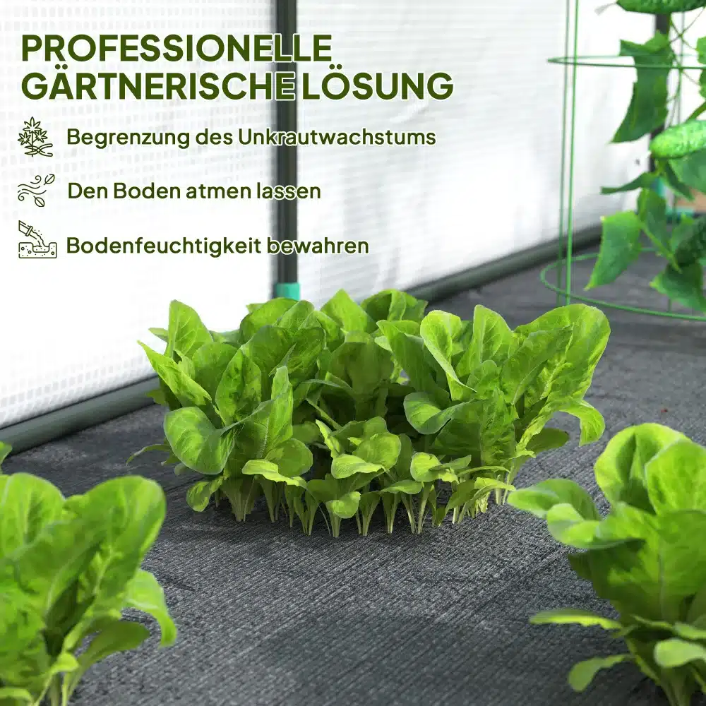 Kasvuhoone UV-kaitsega terasraam, valge, rulluks, 3m, mille ümber on lopsakas rohelus, paistmas hea valgustus ja tugev konstruktsioon, sobilik professionaalseks aednikutööks.