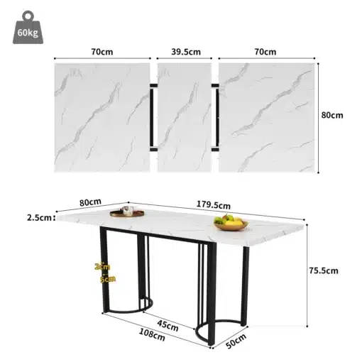 Laiendatav söögilaud metallraamiga, valge-must 140–180 cm | E-pood Tootemaailm Laiendatav söögilaud metallraamiga, valge-must, mõõtmetega 140–180 cm ja 80 cm lai, marmori välimusega lauaplaat ning modernse musta metallraamiga jalg, asetatud köögikeskkonda.
