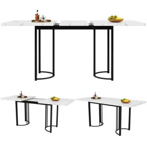 Laiendatav söögilaud metallraamiga, valge-must 140–180 cm | E-pood Tootemaailm Valge-must laiendatav söögilaud 140–180 cm, millel on metallraam. Laud paikneb valgel taustal koos lauale asetatud puuviljakausi ja õlipudelitega, näidates laua mitmekülgsust ja stiilset disaini.