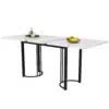 Laiendatav söögilaud metallraamiga, valge-must 140–180 cm | E-pood Tootemaailm Laiendatav söögilaud metallraamiga, valge-must, mõõtudega 140–180 cm, minimalistliku disainiga, must metallraam ja valge lauaplaat, laual on puuviljakausid ja joogikomplekt.