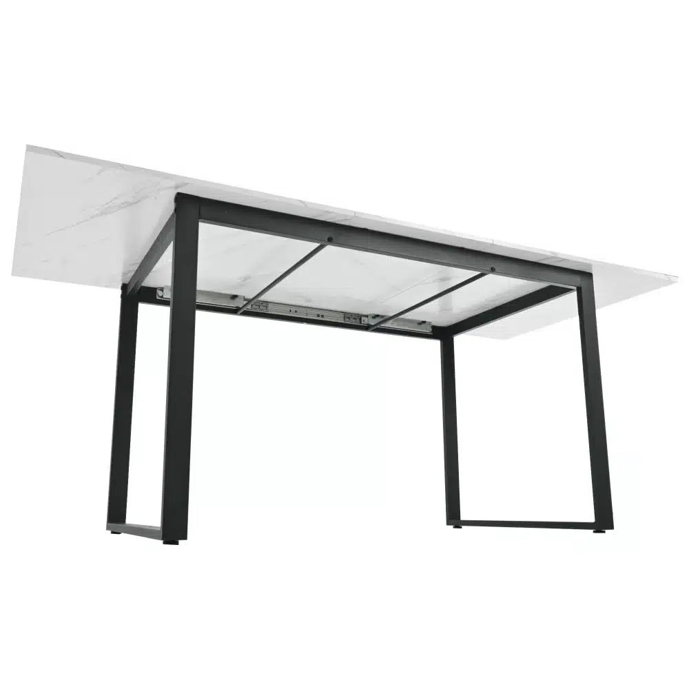 Laiendatav söögilaud metallraamiga, valge-must 140–180 cm. Laual on valge siledapinnaline pealispind ja tugev must metallraam, sobilik kaasaegsesse interjööri.