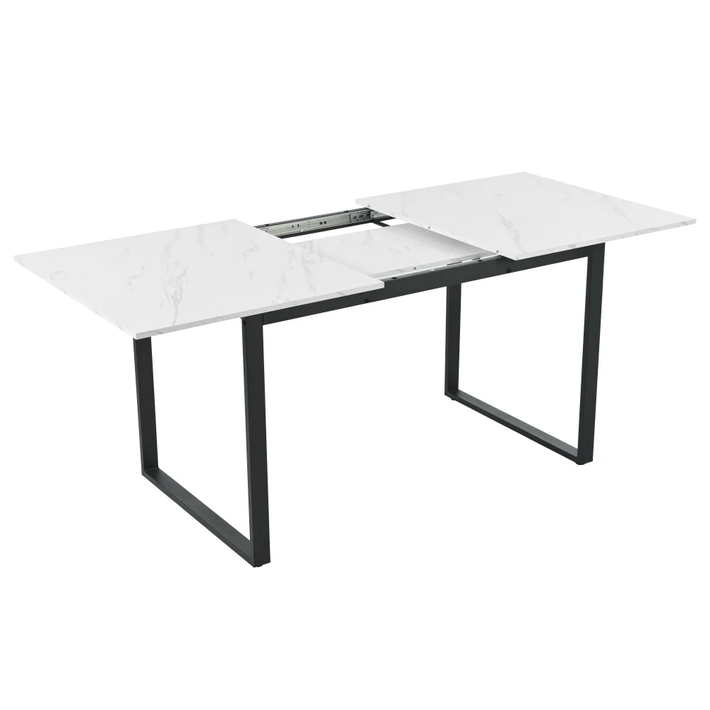 Laiendatav söögilaud metallraamiga, valge-must 140–180 cm, modernse disainiga, musta metallraamiga ning valge marmorimustriga laua pind, keskel nähtav laiendamisosa, sobib kaasaegse interjööriga.