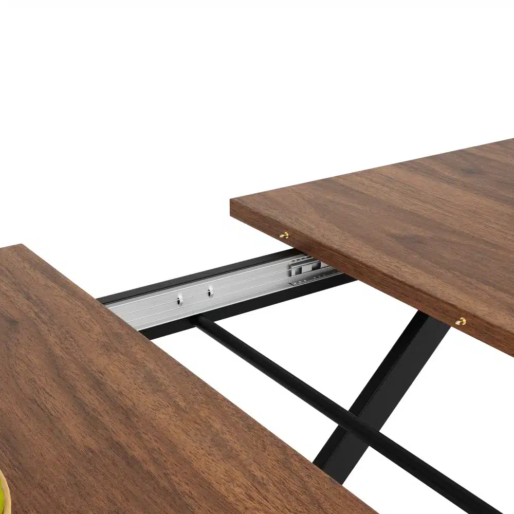 Laiendatav söögilaud metallraamiga, valge-must 140–180 cm, osaliselt avatud asendis, näidates musta metallraami ja puidust viimistlust neutraalsel taustal.