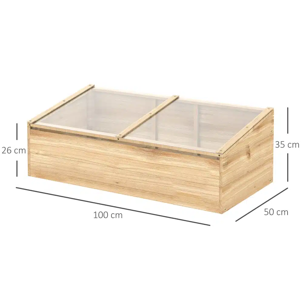 Kasvuhoone külmlava valmistatud vastupidavast kuusepuust, polükarbonaadist kattest, mõõtudega 100x50x35 cm, asetseb siledal heledal pinnal.