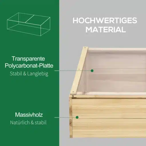 Kasvuhoone külmlava kuusepuust, PC kattega, 100x50x35 cm | E-pood Tootemaailm Kuusepuidust kasvuhoone külmlava, millel on läbipaistev polükarbonaat kate, näidatud osaliselt hallil taustal. Puitpind on loomulik ja stabiilsust tähistavad tekstid joonise kõrval samas keeles.