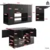 Köögisaar, laud - kapp, musta viimistlusega sahtlite ja riiulitega. Pildil on toodud detailne joonis mõõtudega, valge taustaga, highlighting ruumiline paigutus ja funktsionaalsus.