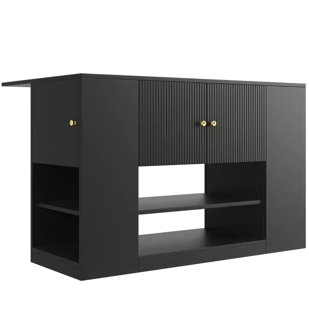 Stiilne must köögisaar, laud - kapp, sahtlite ja riiulitega, mis on valmistatud puidust ning mille kuldsed nupud lisavad elegantsi. Sobib kaasaegsesse kööki minimalistliku kujundusega, pakkudes piisavalt ladustamisruumi ja tööpinda.