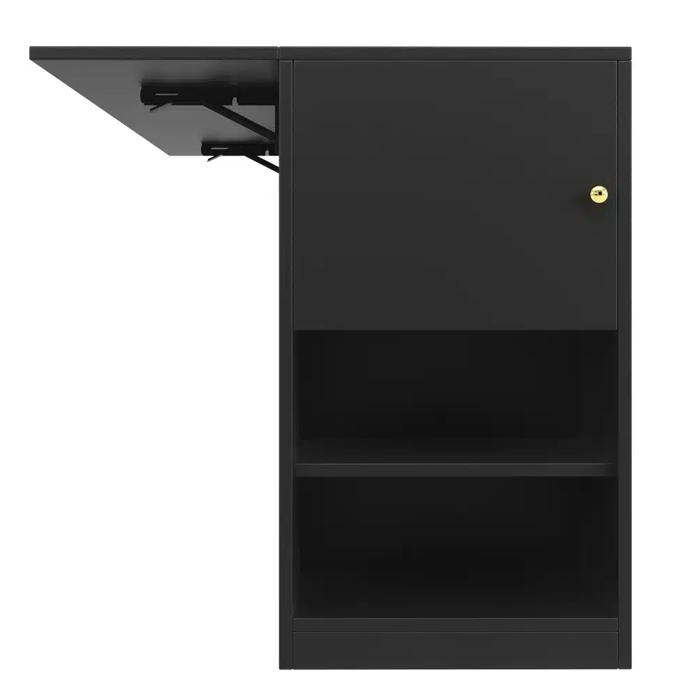 Must köögisaar, laud - kapp, sisaldab sahtleid ja riiuleid, minimalistliku disainiga, sobib modernsesse kööki.