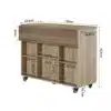 Köögisaar ratastel, kokkupandav töötasapind | E-pood Tootemaailm Puidust köögisaar ratastel mõõtudega 120cm x 92.9cm, kokkupandava töötasapinnaga kaasaegsele köögile. Mööbliesemel on mitu sektsiooni ja liikuvad rattad, naturaalne puitviimistlus pilkupüüdval taustal.