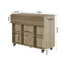 Puidust köögisaar ratastel mõõtudega 120cm x 92.9cm, kokkupandava töötasapinnaga kaasaegsele köögile. Mööbliesemel on mitu sektsiooni ja liikuvad rattad, naturaalne puitviimistlus pilkupüüdval taustal.