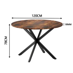 Ümmargune söögilaud 120 cm, vintagepruun puidust pealispinnaga ja mustade metalljalgadega, seisab valgel taustal, demonstreerides oma tugevat ja elegantset disaini.