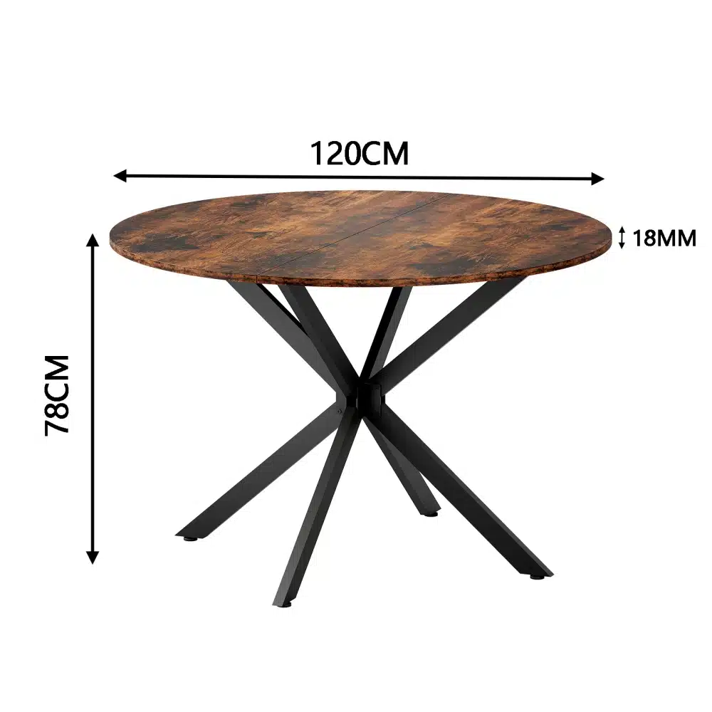 Ümmargune söögilaud 120 cm läbimõõduga, millel on vintagepruun pind ja tugevad mustad metalljalad, paistab elegantselt disainitud modernse taustaga.